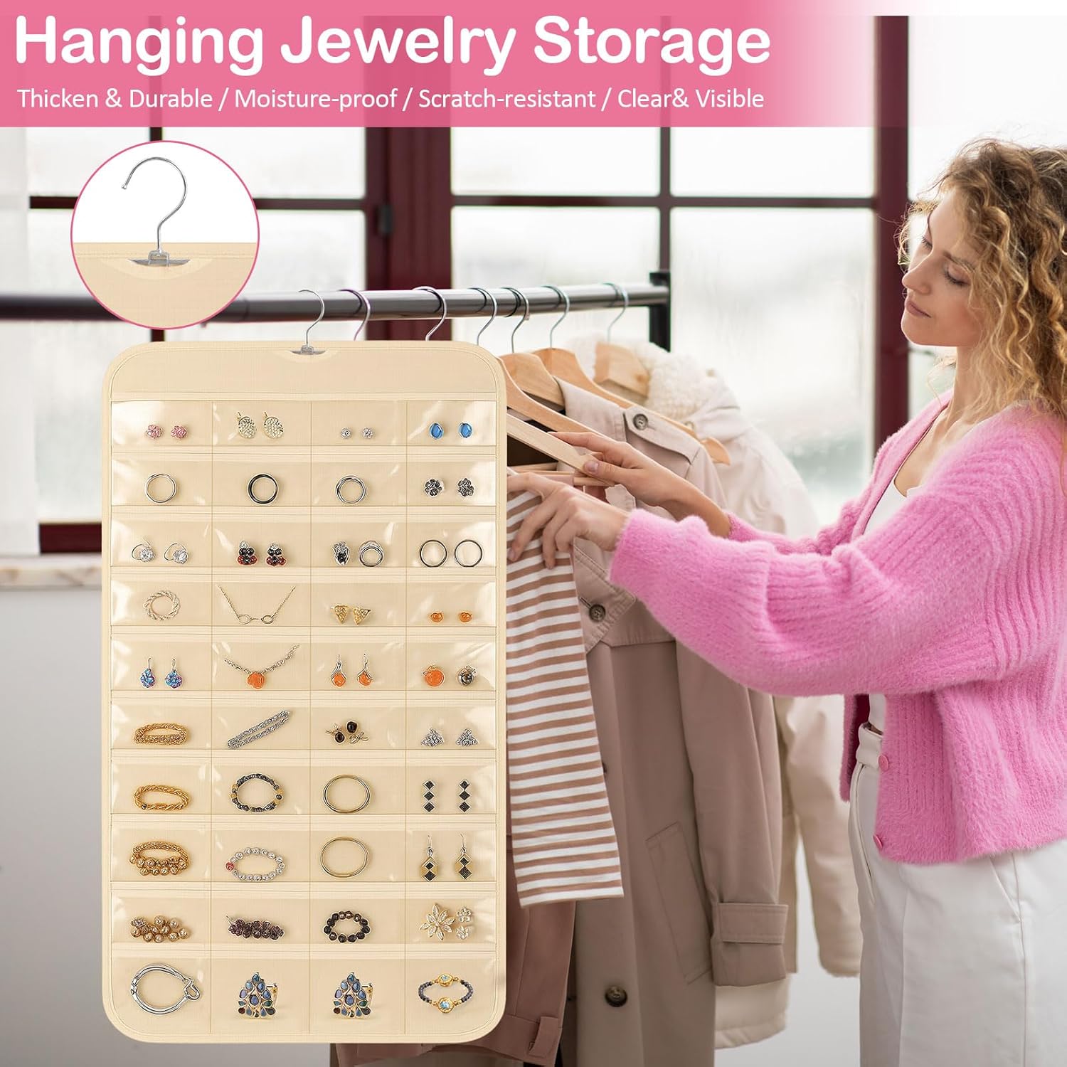 1 Pack Hanging Jewelry Organizer, 80 Clear Pockets earring organizer and storage, Accessories holder organizer for Closet, Jewelries, Necklace, Travel — image 5