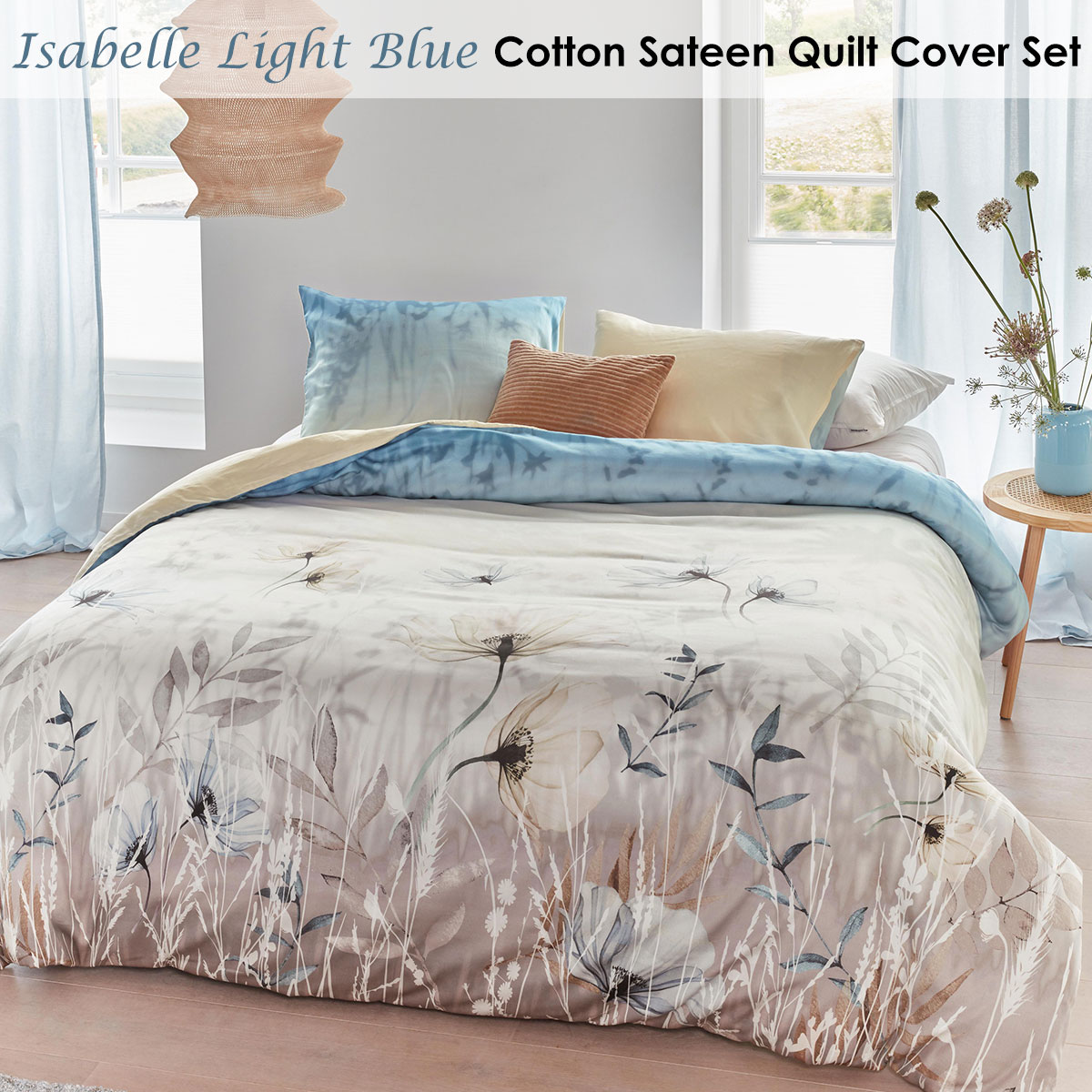 Bedding House Isabelle Light Blue Cotton Sateen Quilt Cover Set Queen — image 2