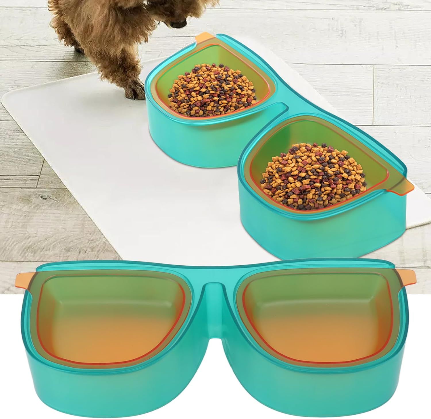 Pet Food Bowl Cute Glasses Shape Large Capacity Mess Proof Portable Cat Dog Dual Bowl for Indoor Travel — image 5