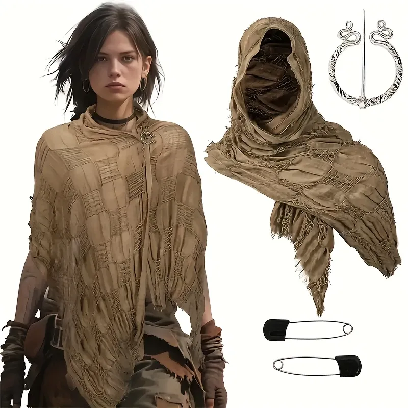Distressed Linen Blend Shawl Grunge Fringe Scarf, Celtic Retro Unisex Bohemian Wrap with Brooch for Fall Winter/khaki — image 2
