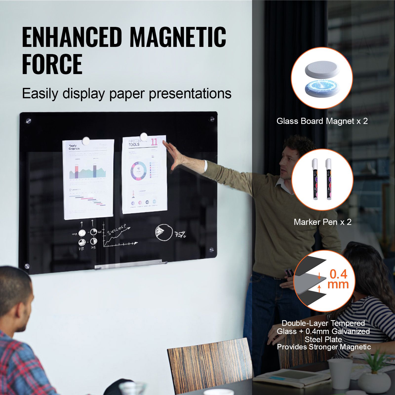 Magnetic Glass Whiteboard, Dry Erase Board 36"x24", Wall-Mounted Large White Glassboard Frameless, with Marker Tray, an Eraser and 2 Markers, Black — image 3