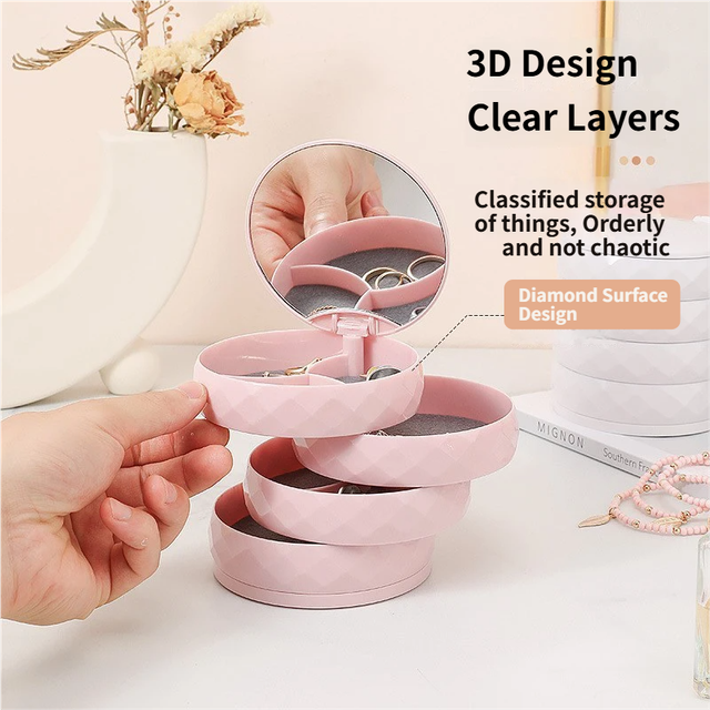 2-Pack 4-Tier Rotating Jewelry Organizer Box with Adjustable Mirror & Diamond Cut Design – Compact 360° Swivel Earring Stud Necklace Storage Box for Vanity — image 2