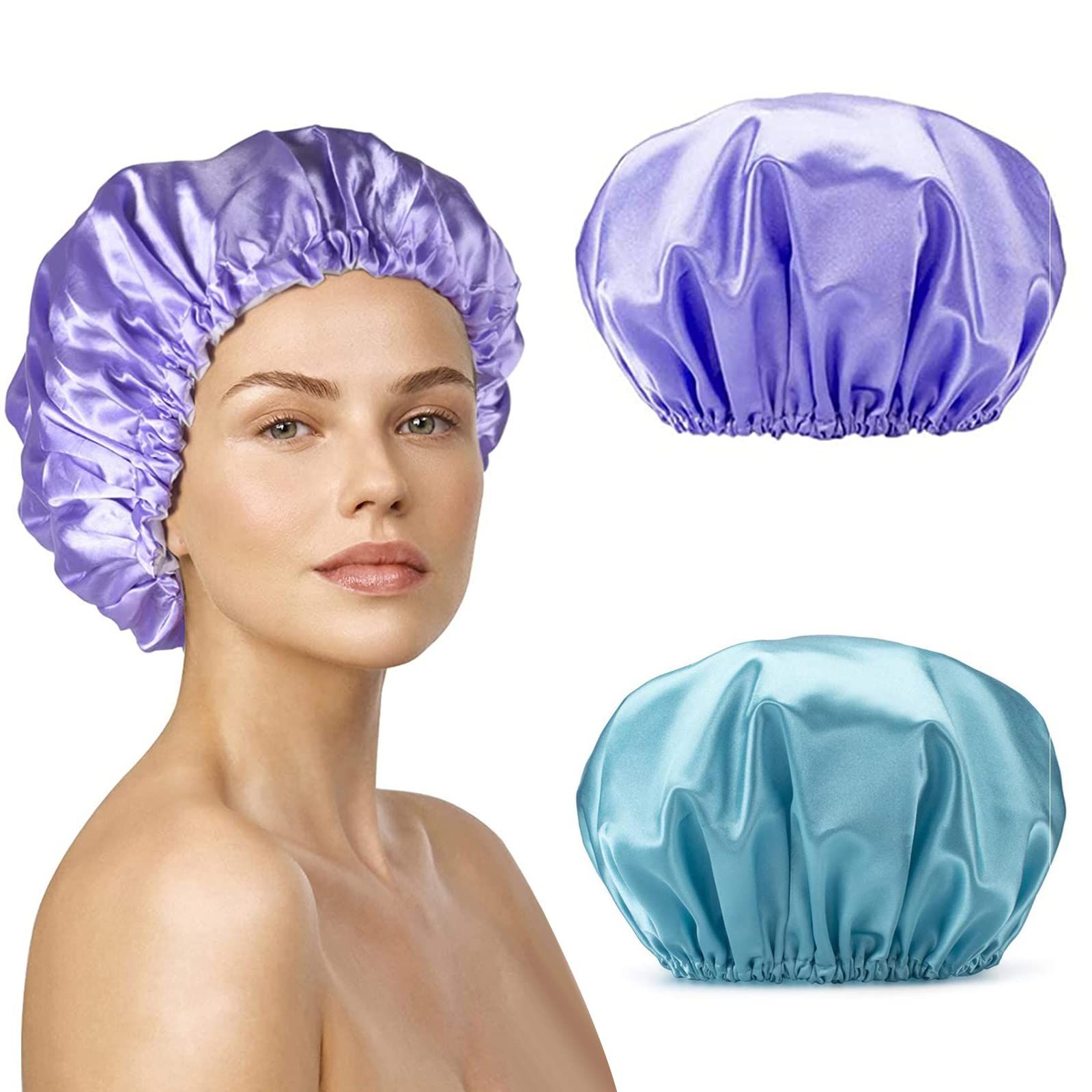 2 pcs Reusable Shower Caps For Women Waterproof Large Shower Cap, Hair Caps Double Layers Shower Cap For Women Hair Protection