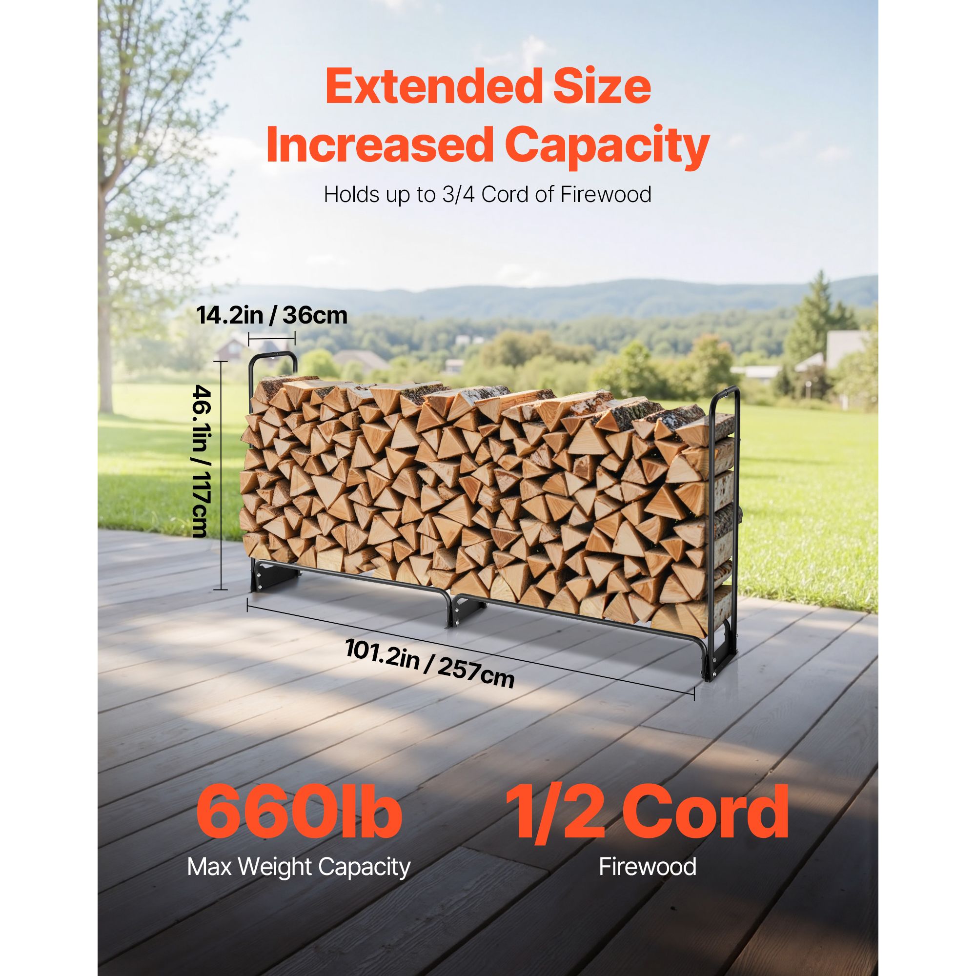 Firewood Rack with Waterproof Cover, 2.57m Outdoor Firewood Holder, 1/2 Cord Storage Metal Log Holder, 299kg Max Weight Capacity, Top Covered, Powder-Coated โ image 3