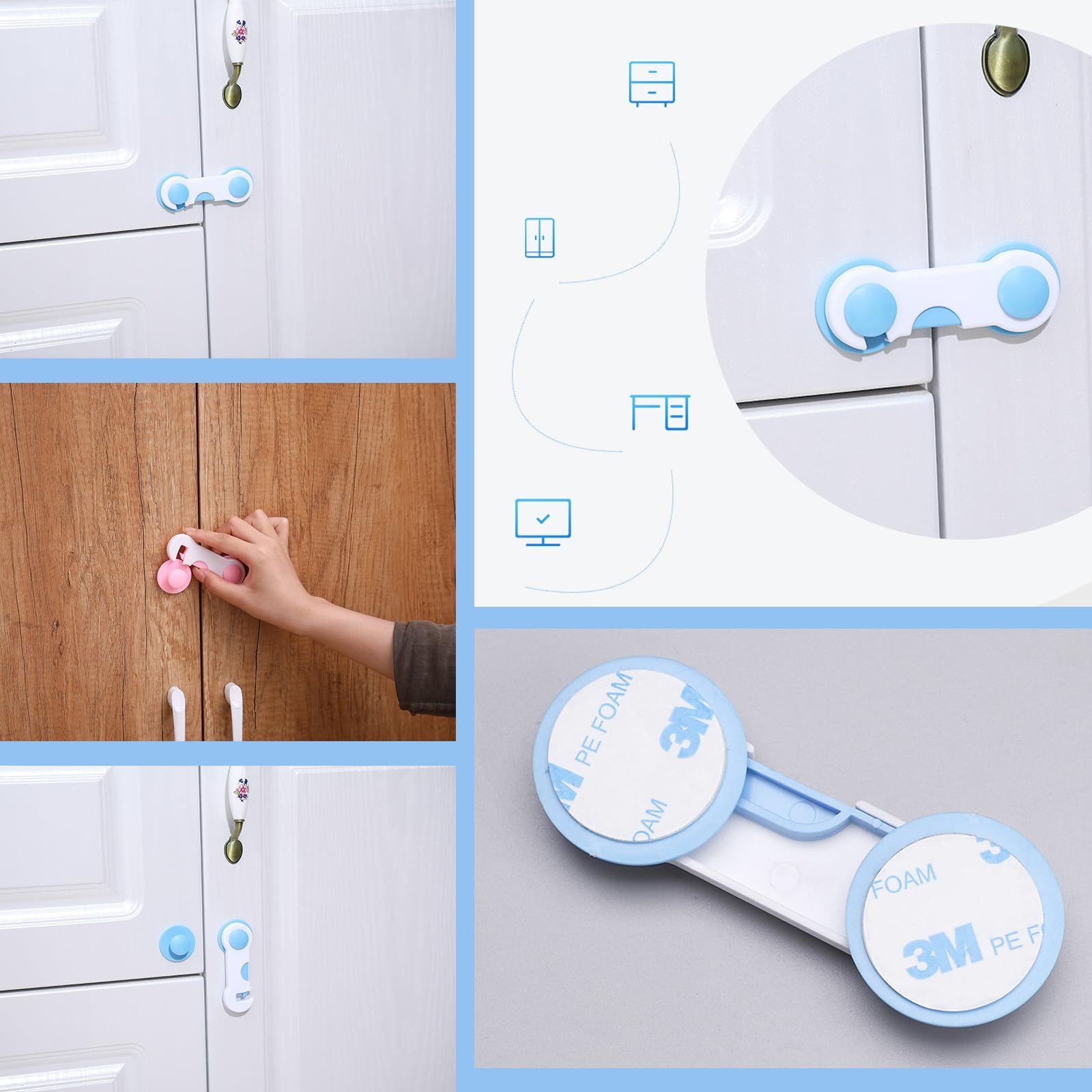 Cabinet Door Locks for Baby Proof and Child Safety, 2 Pack Cabinet Locks with Adhesive for Drawer Cupboards Fridge Closet — image 4