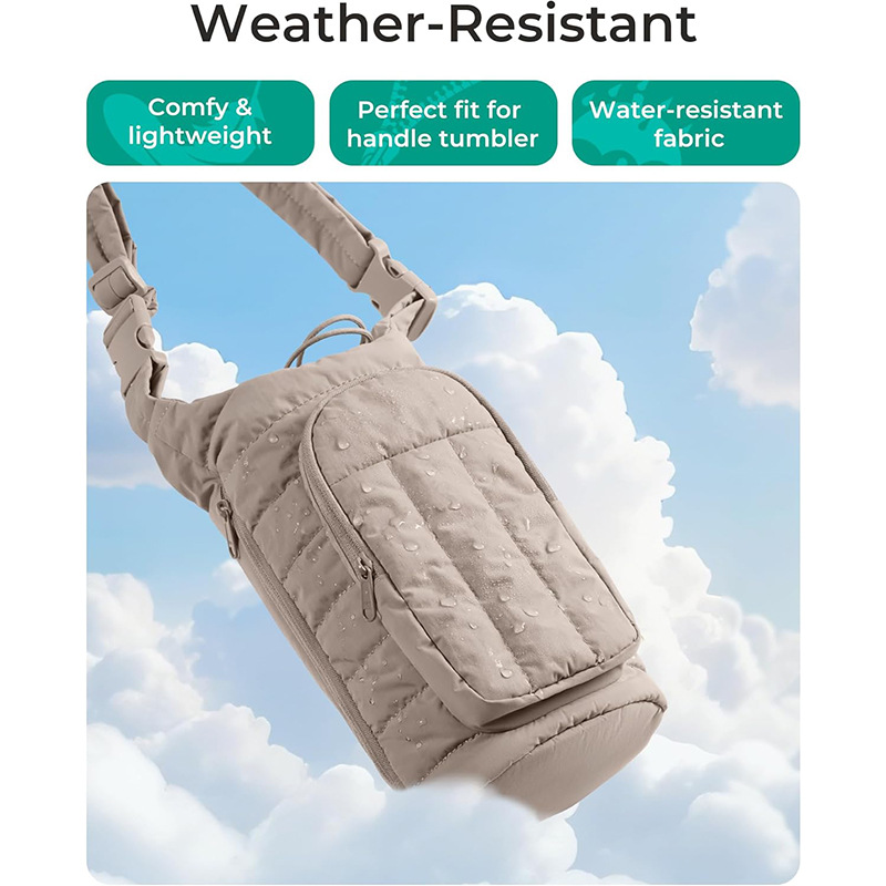 Khaki Nylon Quilted Insulated Water Bottle Bag for 18-64oz Flask - Lightweight Sports & Travel Puffer Shockproof Protective Pouch — image 4
