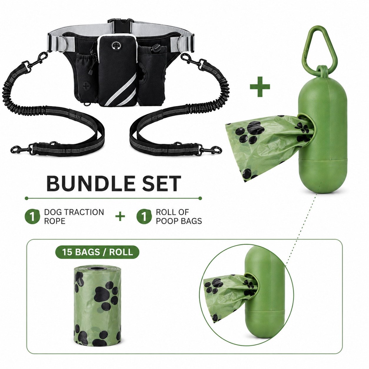 Hands Free Dog Leash Running Belt with Adjustable Bungee Lead(Black), Multi Pocket Outdoor Waist Bag and Free Roll of 15 Poop Bags for Walking, Jogging and