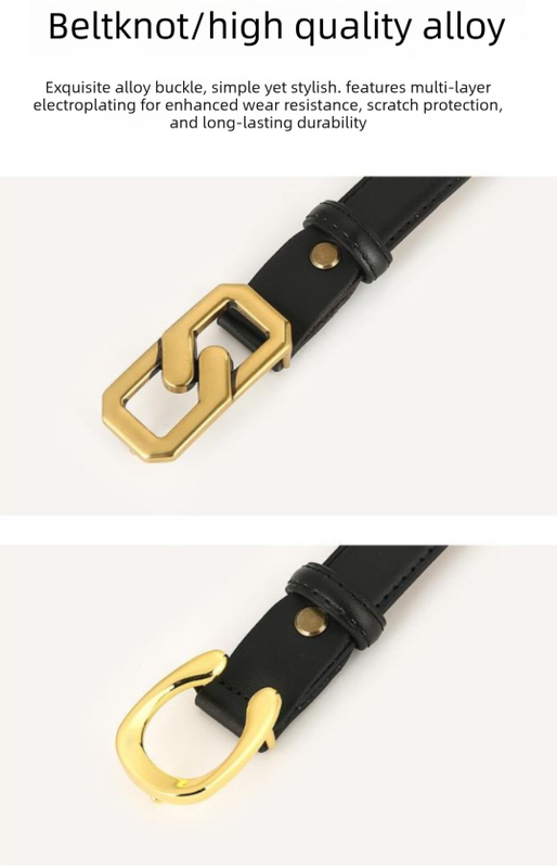 Womens Genuine Leather Belt Black 2.3cm Wide Gold Buckle Waist Strap for Jeans & Dresses Elegant Fashion Accessory โ image 3