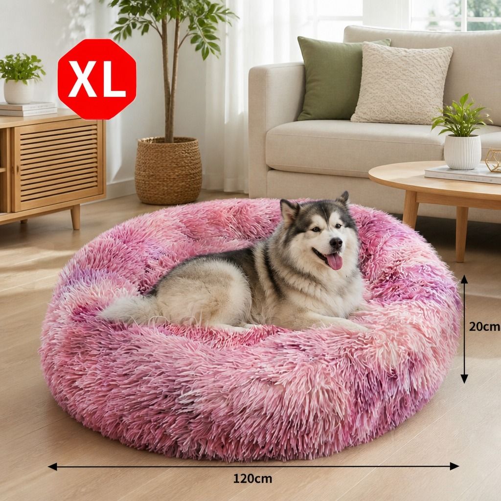 Dog Cat Pet Calming Bed Warm Soft Plush Round Nest Comfy Sleeping Cave MEL 120cm — image 2