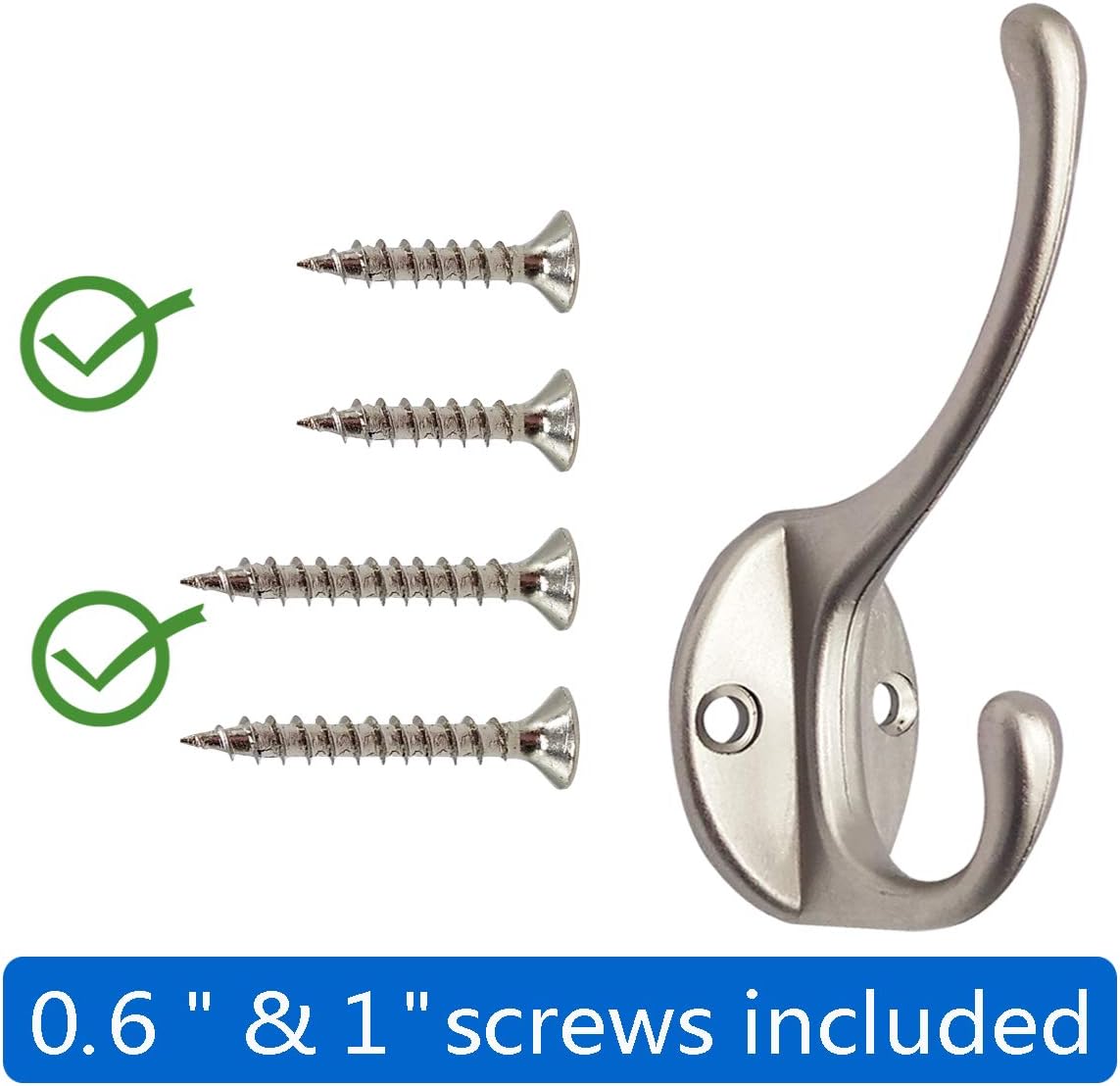 10 Pack Dual Coat Hooks Wall Mounted with 40 Screws Retro Double Hooks Utility Silvery Hooks for Coat, Scarf, Bag, Towel, Key, Cap, Cup, Hat (Silvery) — image 2