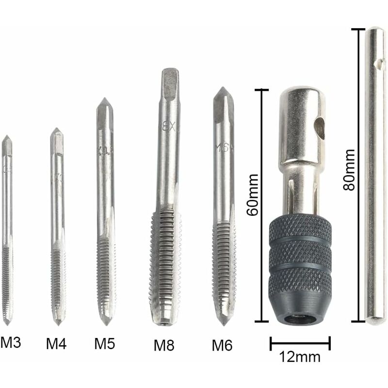 5 pcs Metric Hand Straight Flute Taps Assortment M3 M4 M5 M6 M8 With 1Pc Adjustable Wrench, Steel Thread Tap Set With — image 2