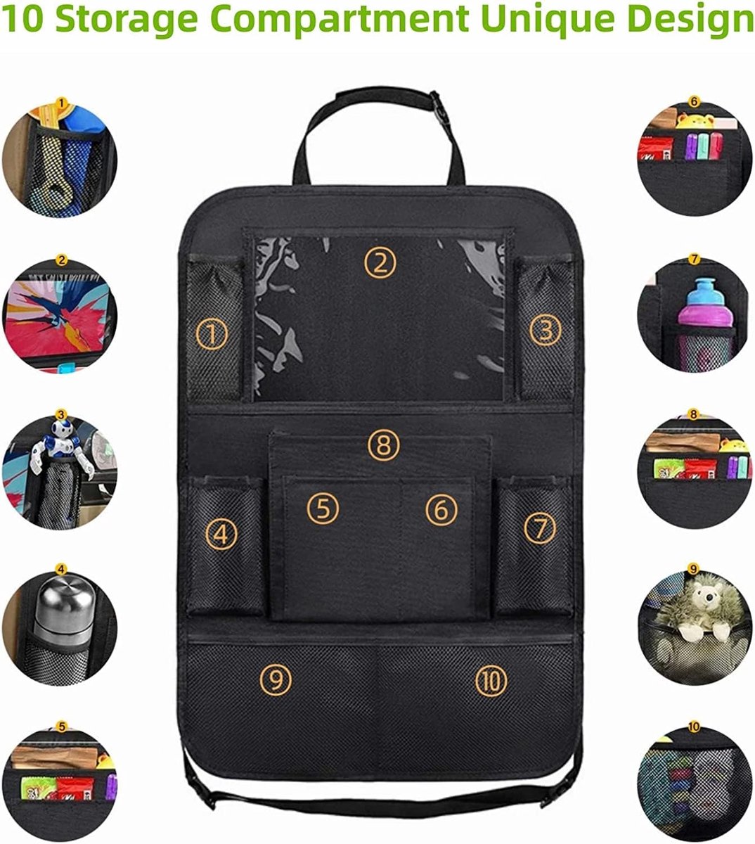 Famanu - Children's Car Organizer, 2 PCS Car Storage Accessories with 24.4 cm iPad Pocket, 10 Pockets for the Car Seat Backrest, Black — image 3