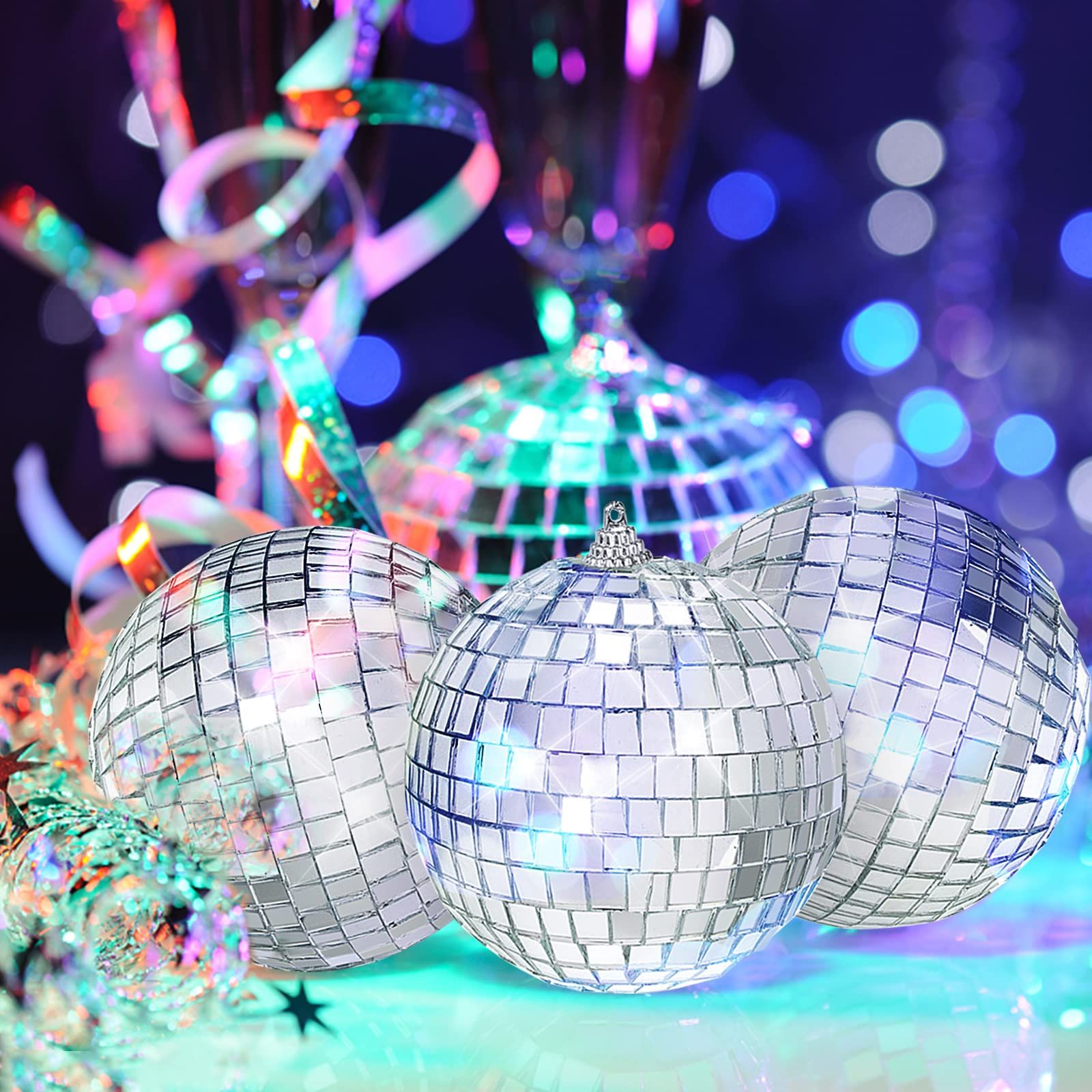 Sliver Disco Ball 4" Inch 4-Pack Reflective Mirror Ball Ornaments Hanging Disco Ball with Attached String for Ring Disco Ball — image 5