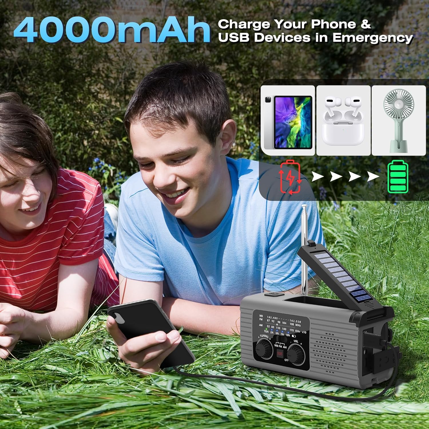 Multi-Colour Solar & Hand Crank Portable Radio 4000mAh Rechargeable Battery Operated Emergency Radio for Indoor Outdoor Use — image 5
