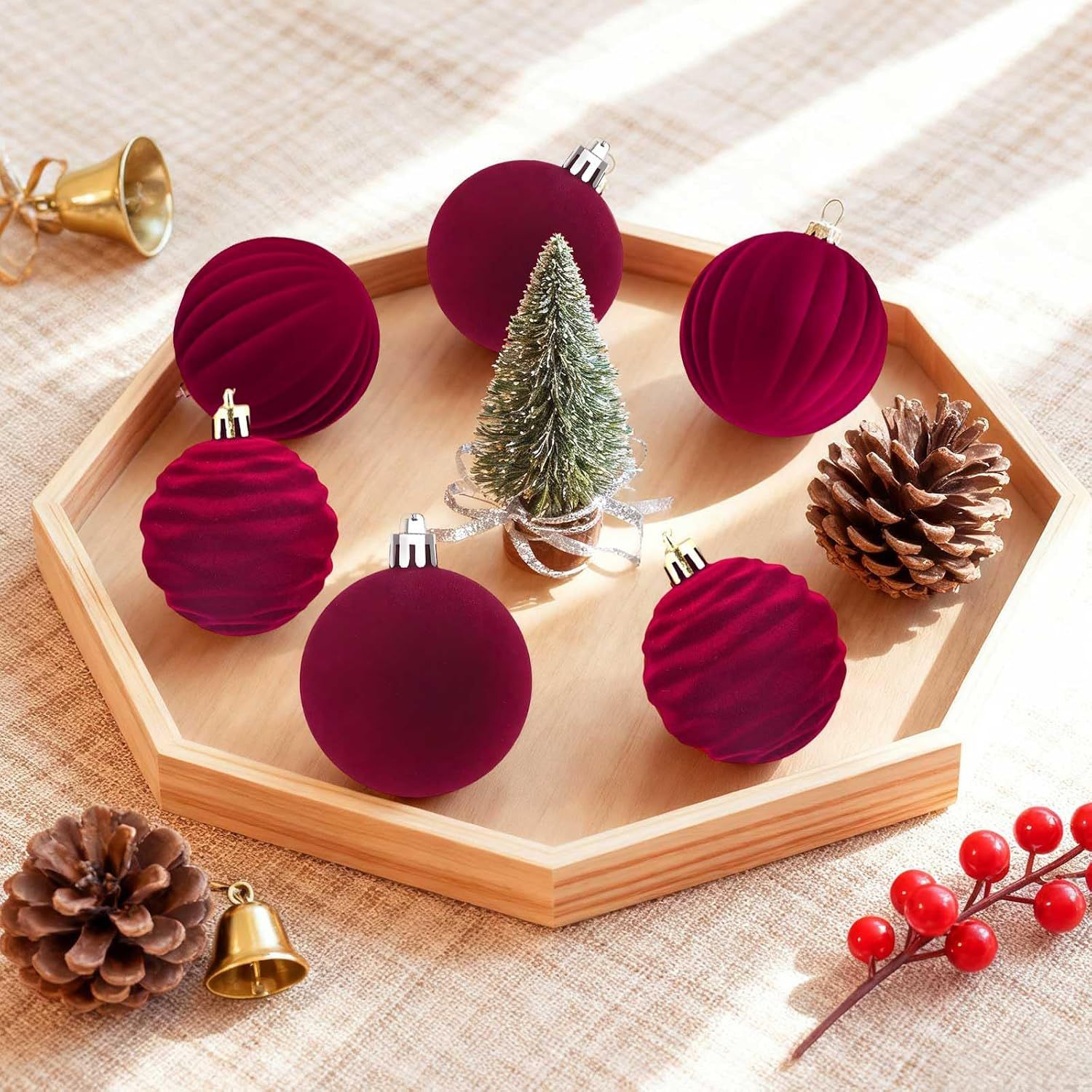 12Pcs Velvet Christmas Tree Ornaments, 2.4'' Burgundy Christmas Ornaments Set, Flocked Shatterproof Xmas Tree Balls Hanging Decorations Set for Holiday Party — image 4