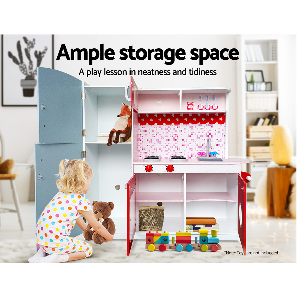 Keezi Kids Kitchen Play Set Wooden Pretend Toys Cooking Children Fridge Oven Red โ image 6