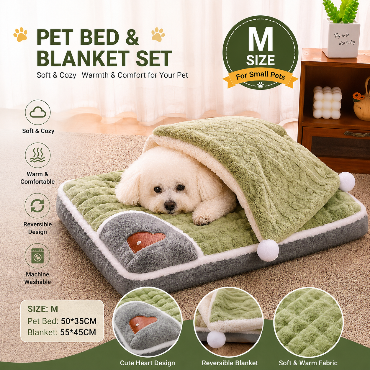 2-piece M size Green Pet Winter Comfort Bundle – 55 × 45cm Plush Pet Blanket and 50 × 35cm Thickened Pet Sleeping Bed Set for Dogs and Cats, Double-Sided Warm