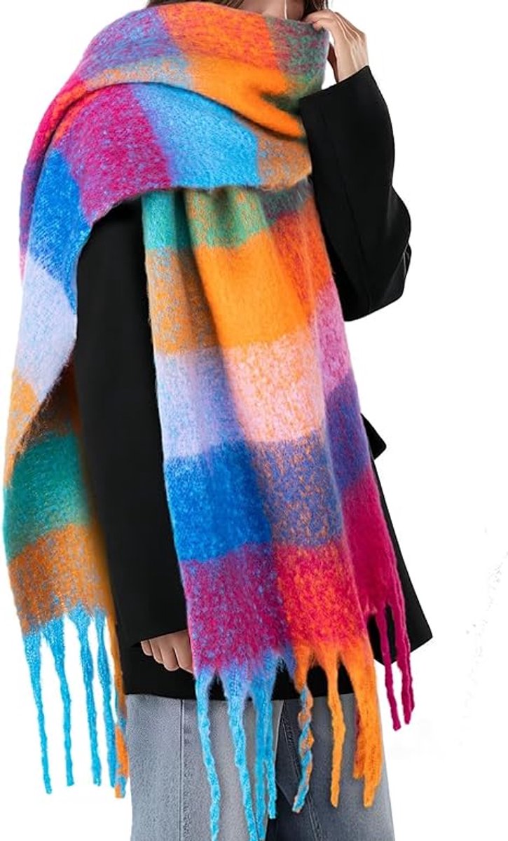 Colorful winter scarf for women - Warm, chunky knit and soft checkered scarf - Blanket scarf - Trendy Christmas gift - Gift for her
