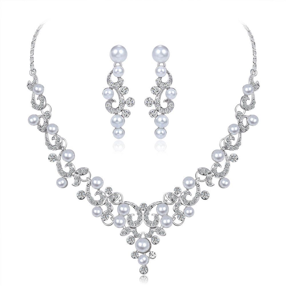 Wedding Bridal Jewelery Set Crystal Simulated Pearl Necklace Dangle Earrings for Women Rhinestone Accessories for Women and Girl