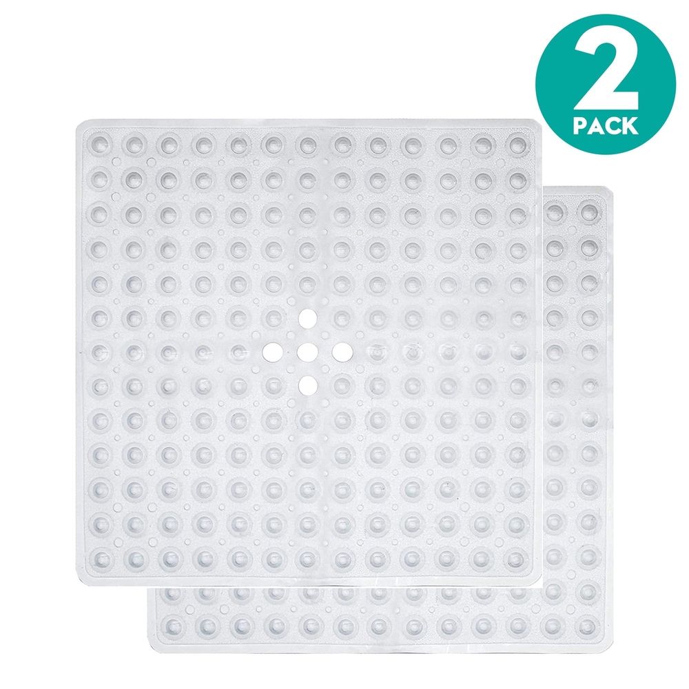2 Pack Shower Stall Mat, 21x21 Square Bathroom Bath Tub Mats for Stand up Showers and Small Bathtubs Drain Holes Keep Floor Clean, Suction Cups Soft on Feet Machine Washable Clear