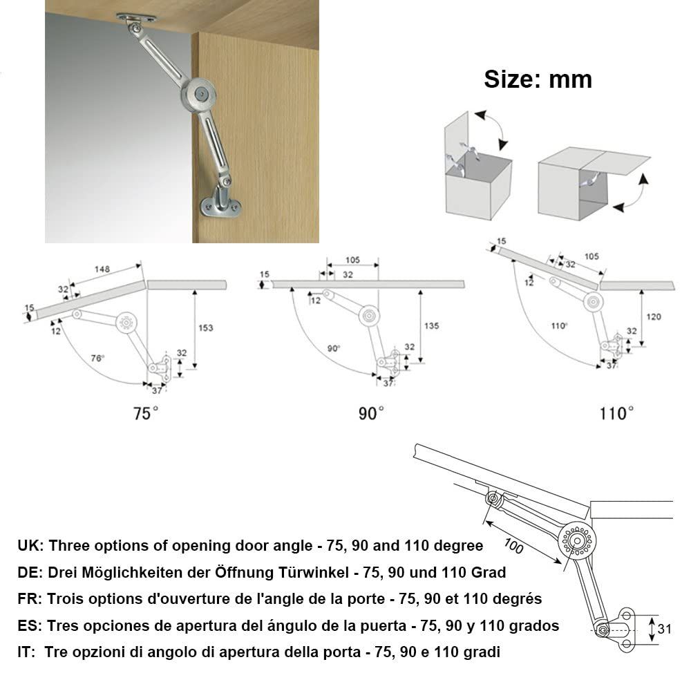 2 Packs [Upgraded] Cabinet Furniture Door Lift Stay Support Hinge Damper - Opening Angle 75°/90°/110° - Come with Hex Key — image 5
