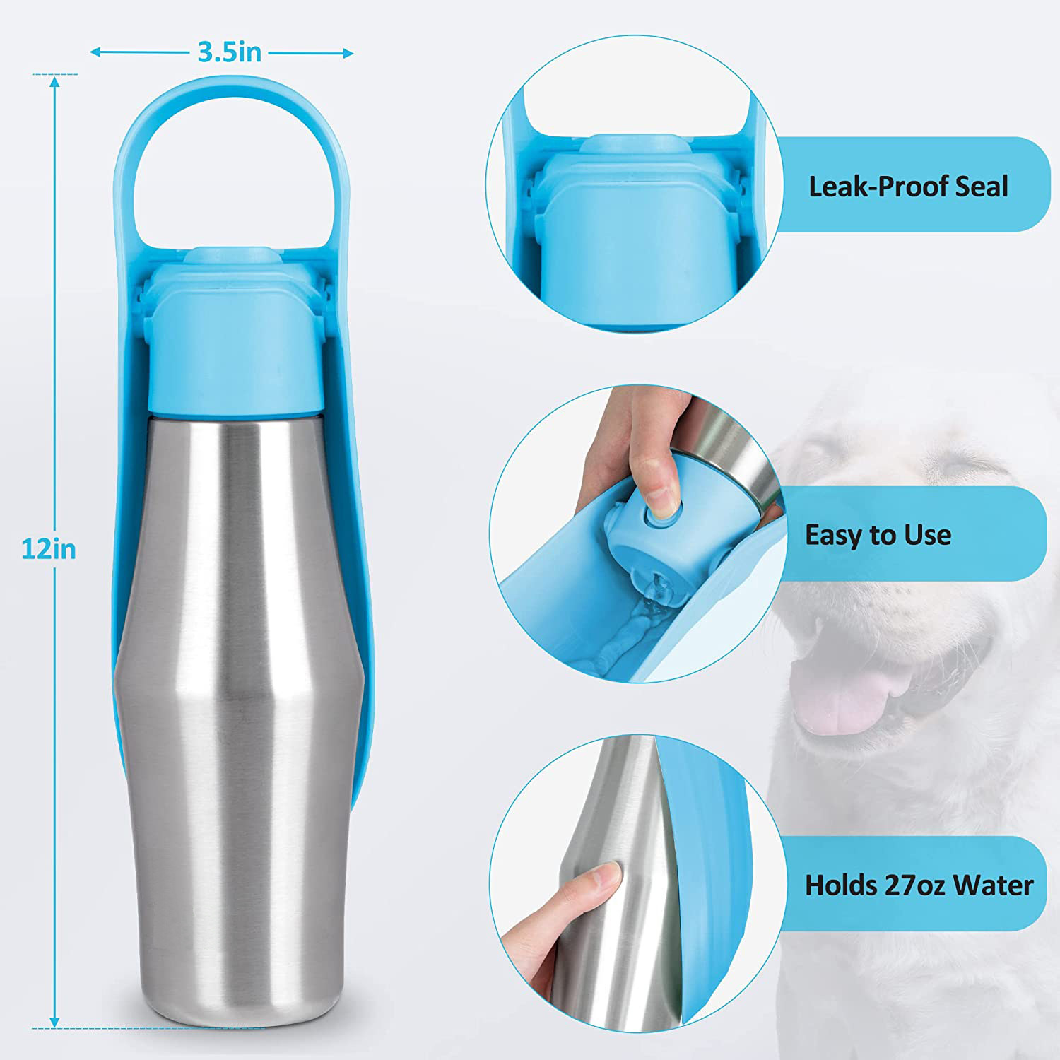 Light Blue 27oz Food-Grade 304 Stainless Steel Pet Water Bottle - Portable Dog and Cat Travel Cup, Outdoor Feeder for Walks and Hikes — image 2