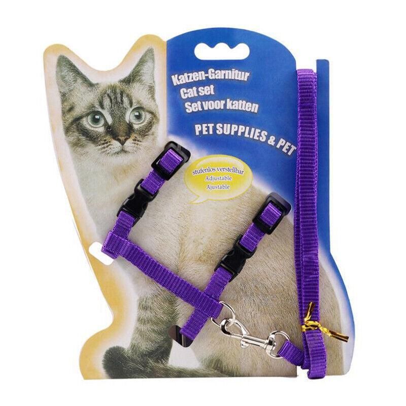Nylon Cat Harness and Lead Set Adjustable Strap for Outdoor Walks - Purple