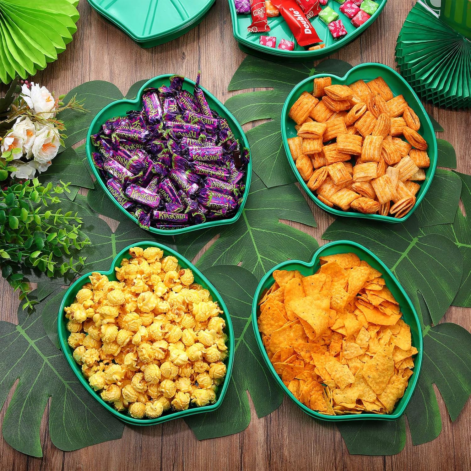12 Set Palm Leaf Snack Tray Hawaii Reusable Food Tray with Tropical Imitation Green Plant Leaves, Cookies Chips, Candy Dip, for Jungle Island Luau Party — image 5