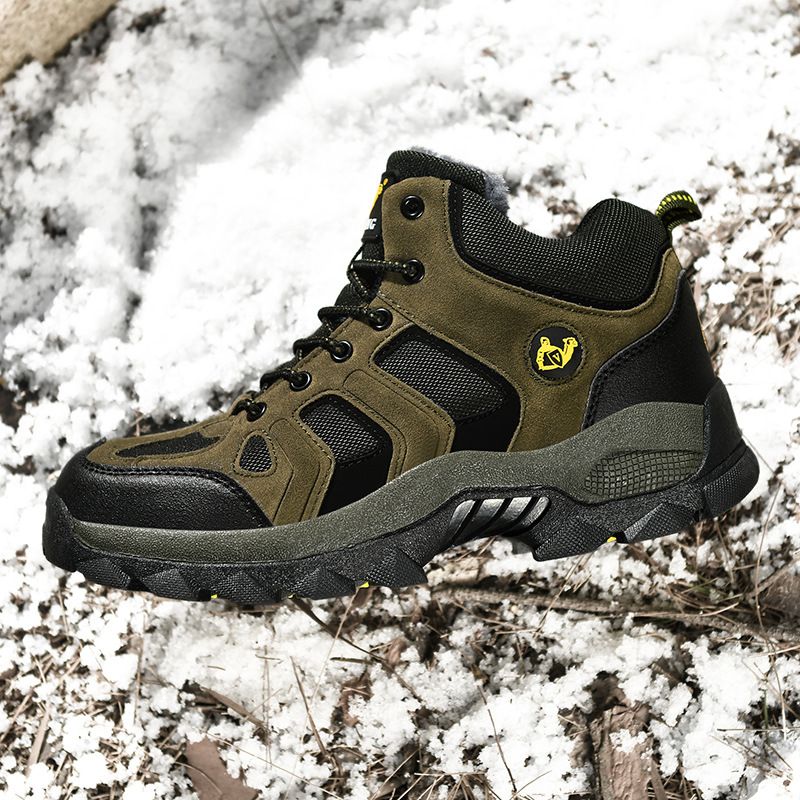 QIFENG Mens High Top Hiking Shoes Anti Slip Rubber Sole Army green cotton 42