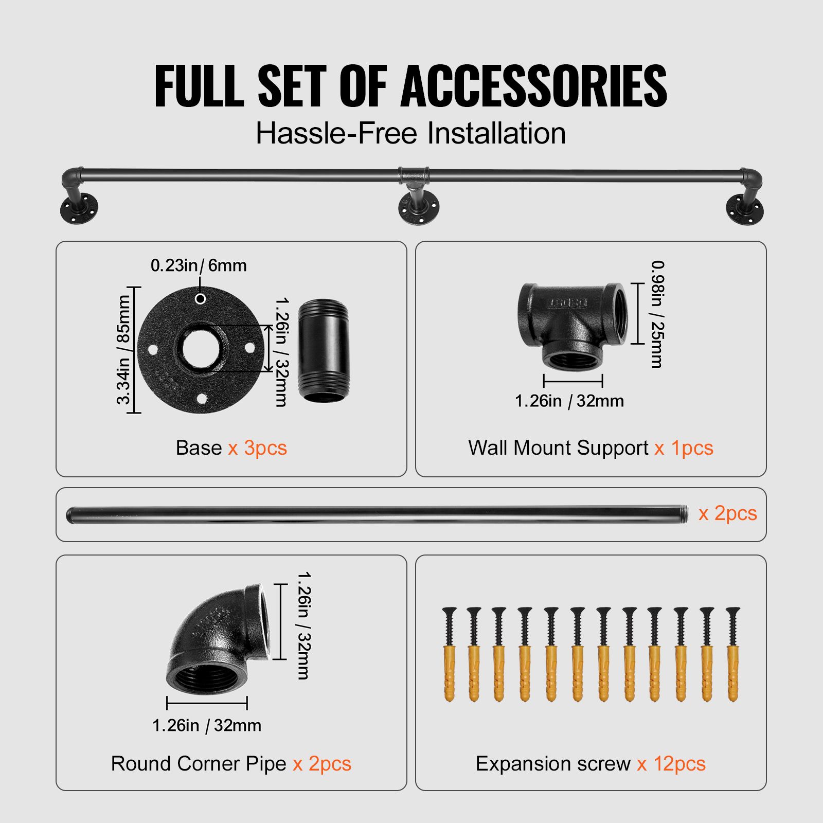 Pipe Stair Handrail, 7FT Staircase Handrail, 440LBS Load Capacity Carbon Steel Pipe Handrail, Industrial Pipe Handrail with Wall Mount Support, Round โ image 3