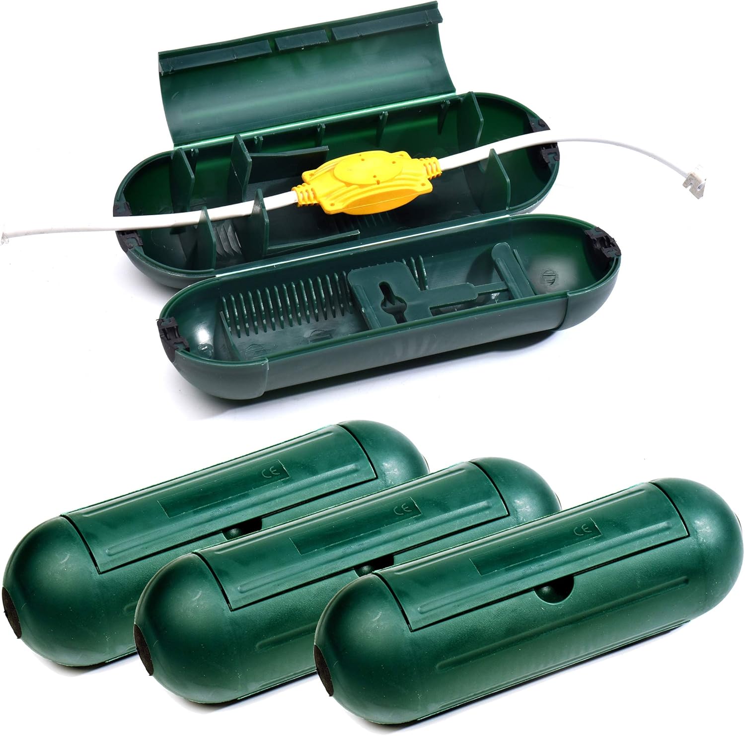 4 Pack Extension Cord Protective Cover Set (Green) | Indoor Outdoor Water-Resistant Holder for Holiday String Lights, Plugs and Wires | Capsule Shaped