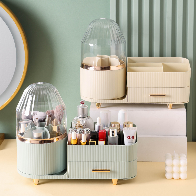 Cream Color Rotating Makeup Organizer Box - Multi-Compartment Cosmetic Storage with Dustproof Cover โ image 3