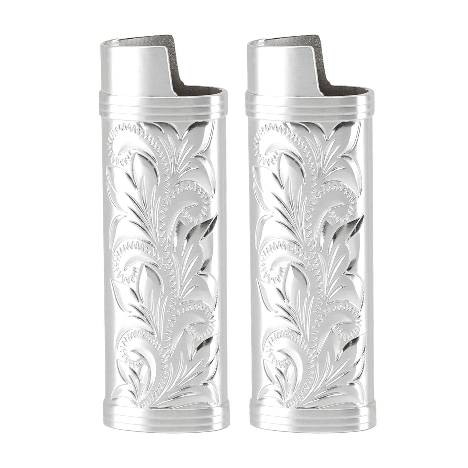 2Pcs Lighter Case Zinc Alloy Lighter Storage Container Floral Pattern for Outdoor Camping Hiking Silver