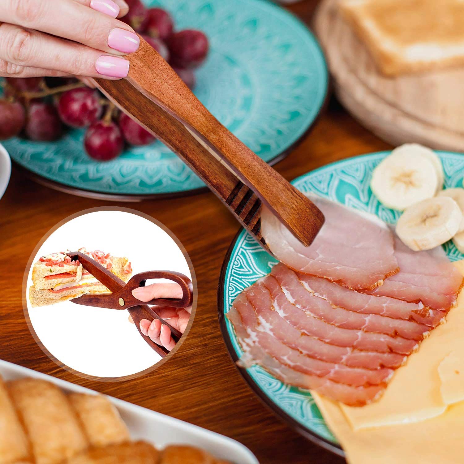 2 Packs Toaster Tongs Reusable Wood Cooking Tongs Scissor Wooden Kitchen Toast Barbecue Tongs BBQ Clip Buffet Food Tongs — image 4