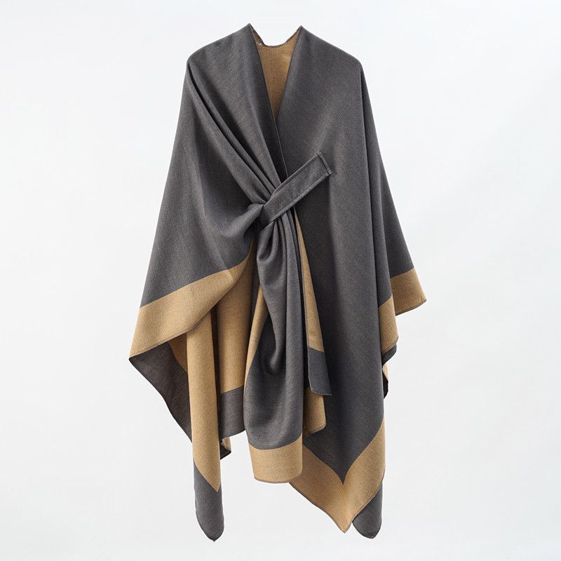 Solid Color Striped-Border Faux Cashmere Shawl Scarf, Minimalist Versatile Autumn Winter Warmth Elegant Accessory(grey)