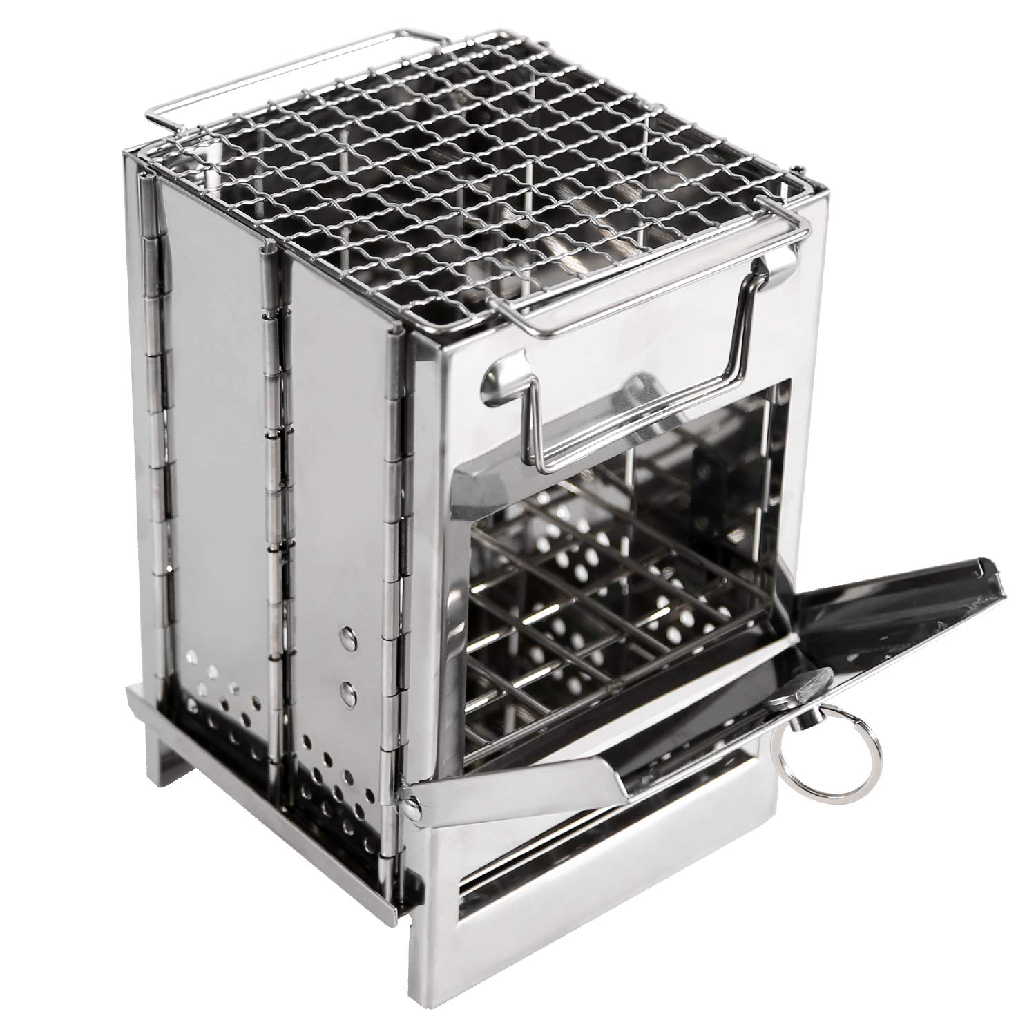 Portable Folding Camping Stove with Grill – Stainless Steel Wood-Burning Fire Pit for Hiking, Backpacking, BBQ & Outdoor Cooking (Silver)