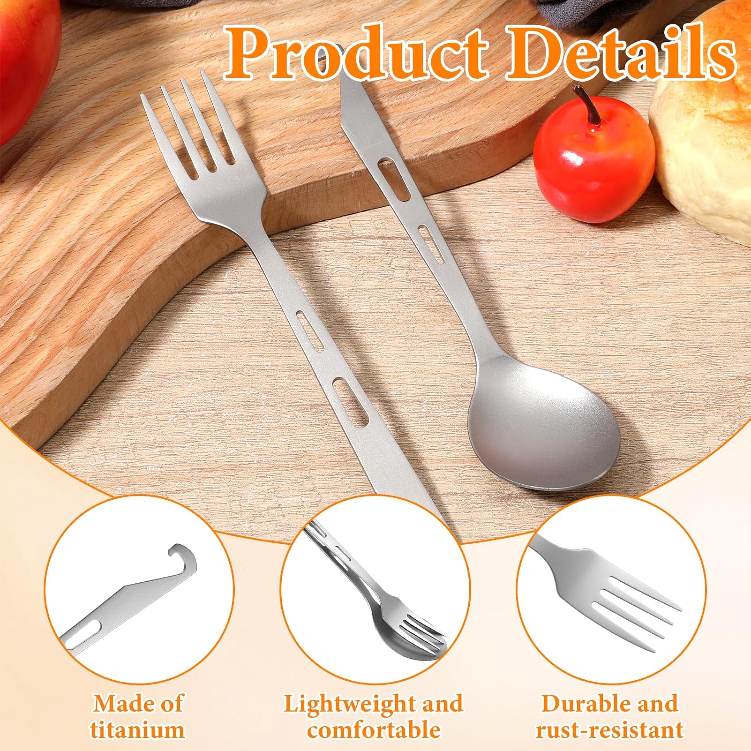 Titanium Spork Titanium Fork Spoon Set Camping Utensils, Ultralight Backpacking Utensils, Travel Cutlery Set, Heat-Resistant & Rustproof, Hiking Survival Gear — image 2
