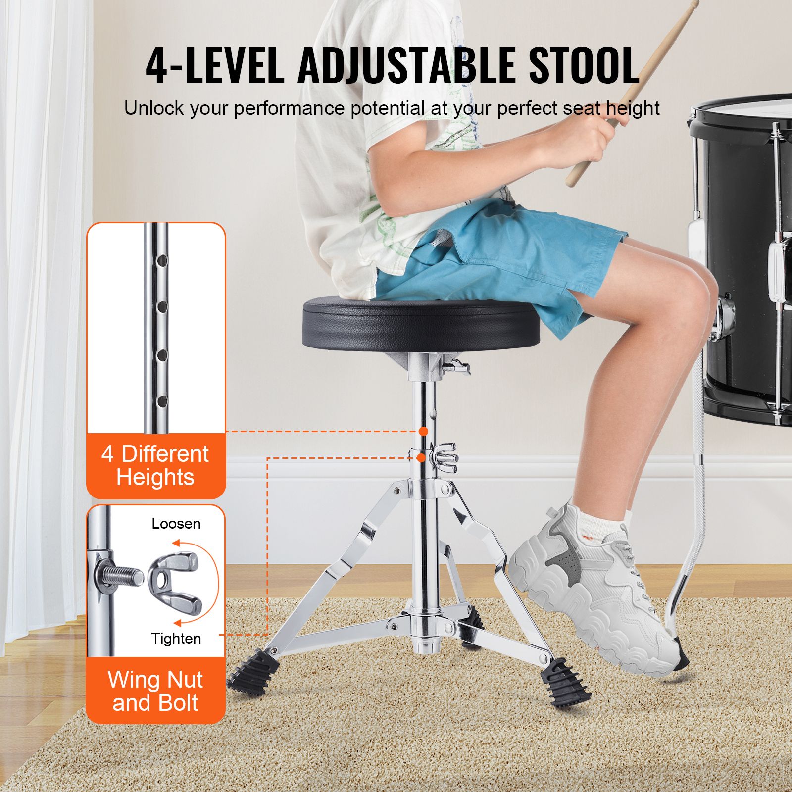 Kids Drum Set, 5-Piece, 406.4 mm Beginner Full Drum Set with Bass Toms Snare Floor Drum Adjustable Throne Cymbal Hi-Hat Pedal and Two Pairs of Drumsticks — image 5