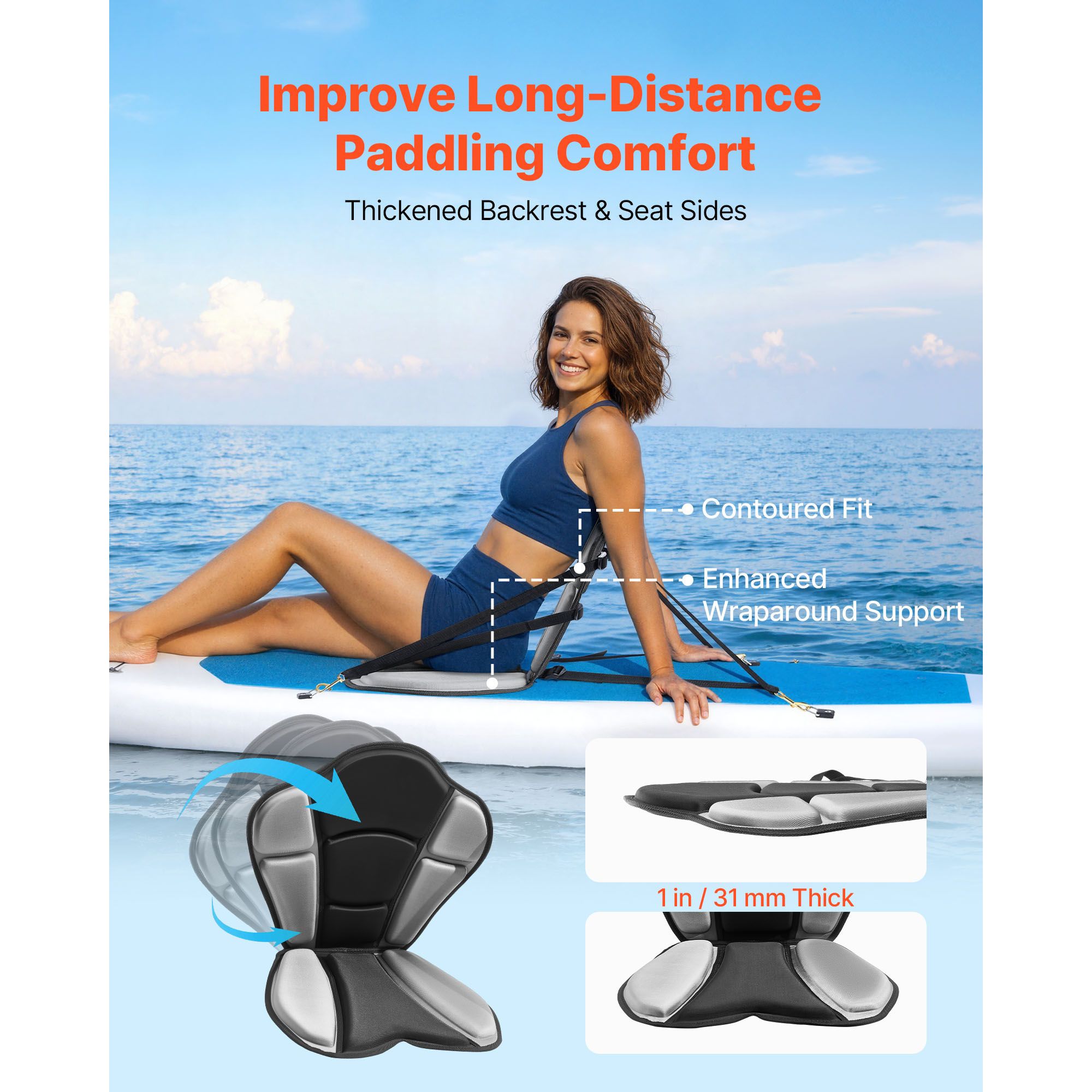 Kayak Seat, 1 Pack 31 mm Thick, Universal Paddle Board Seat with Back Support, Sit-on-Top Soft Padded Cushion with Storage Bag & Adjustable Straps for SUP — image 2