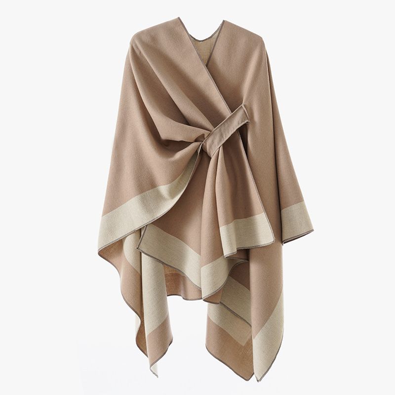 Solid Color Striped-Border Faux Cashmere Shawl Scarf, Minimalist Versatile Autumn Winter Warmth Elegant Accessory(khaki)