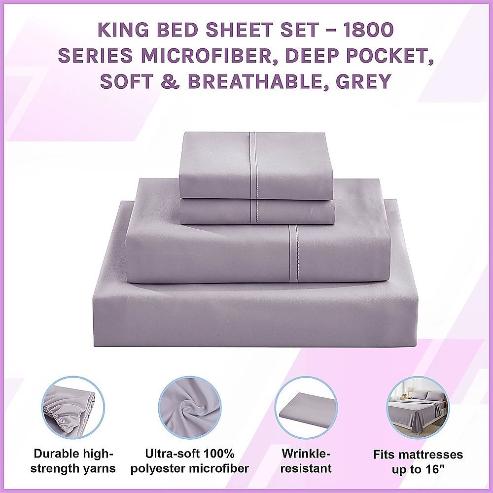 King Bed Sheet Set – 1800 Series Microfiber, Deep Pocket, Soft & Breathable, Grey — image 3