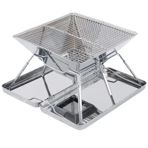 Foldable Stainless Steel Charcoal BBQ Grill with Carry Handle for Camping, Picnics, Beach Trips and Outdoor Cooking, 31 × 22 cm, Silver