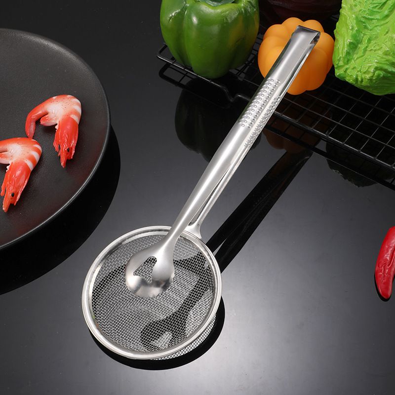 2 in 1 Stainless Steel Fine Mesh Strainer With Clip Tongs Oil Filter Spoon Multi-functional Reusable BBQ Filter Clamp Strainer — image 3