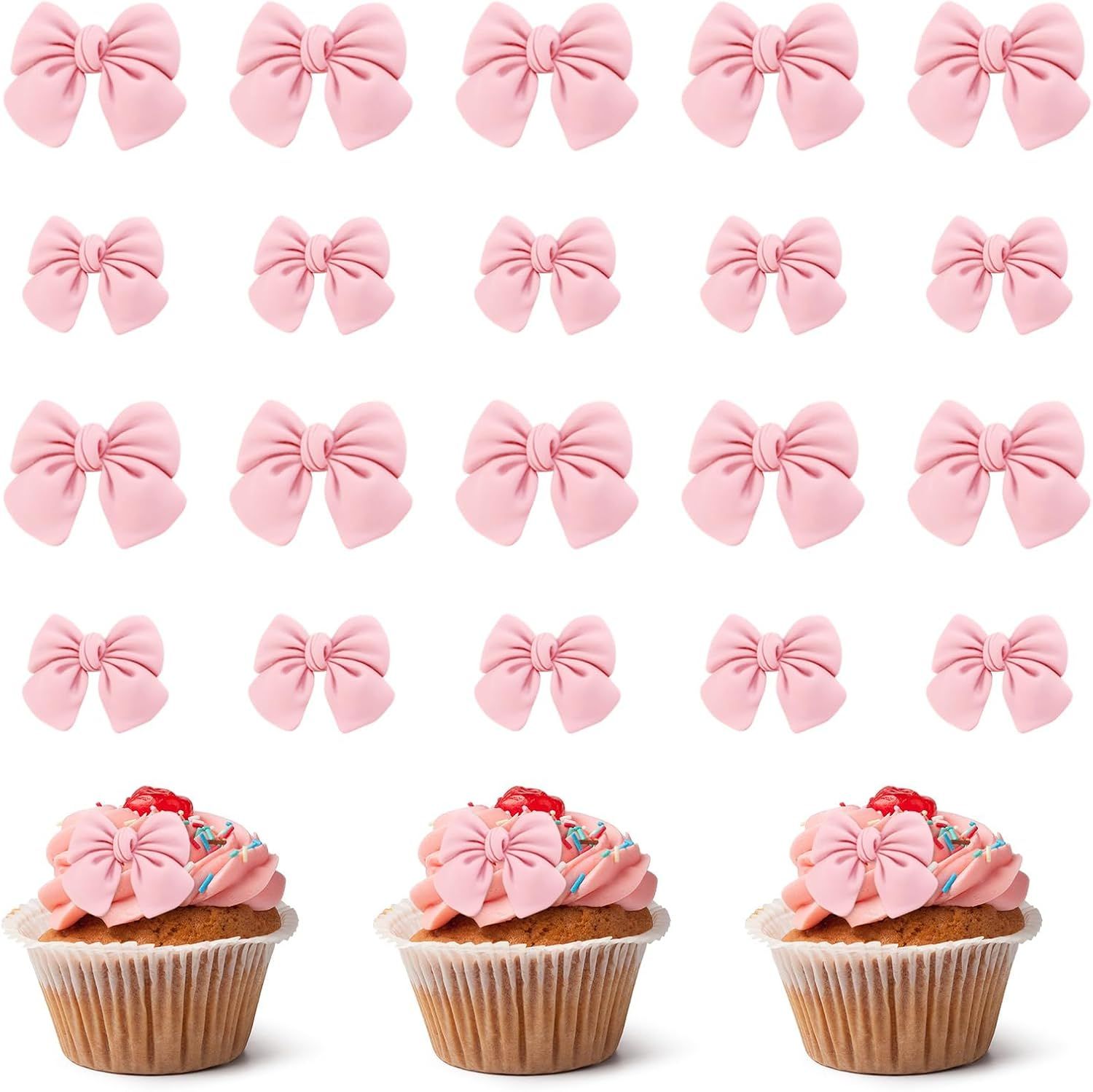 20 Pack Bow Cupcake Decorations, Bow Cake Topper Supplies, Bow Cupcake Toppers, Bow Cake Decor Bows for Cake Decorating for Theme Parties, Pink