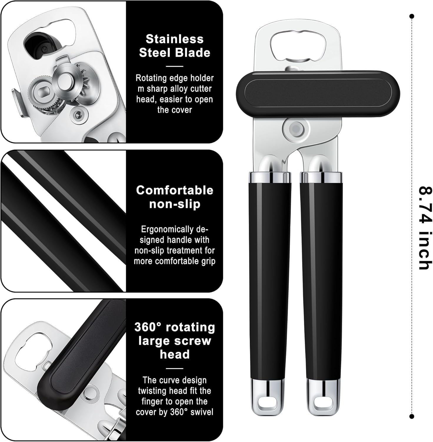 XL Large Heavy Duty Can Opener Manual Smooth Edge, Hand Held Can Openers for Seniors, Stainless Steel, Comfortable Handle, Built-in Bottle Opener, 8.66 inch โ image 2