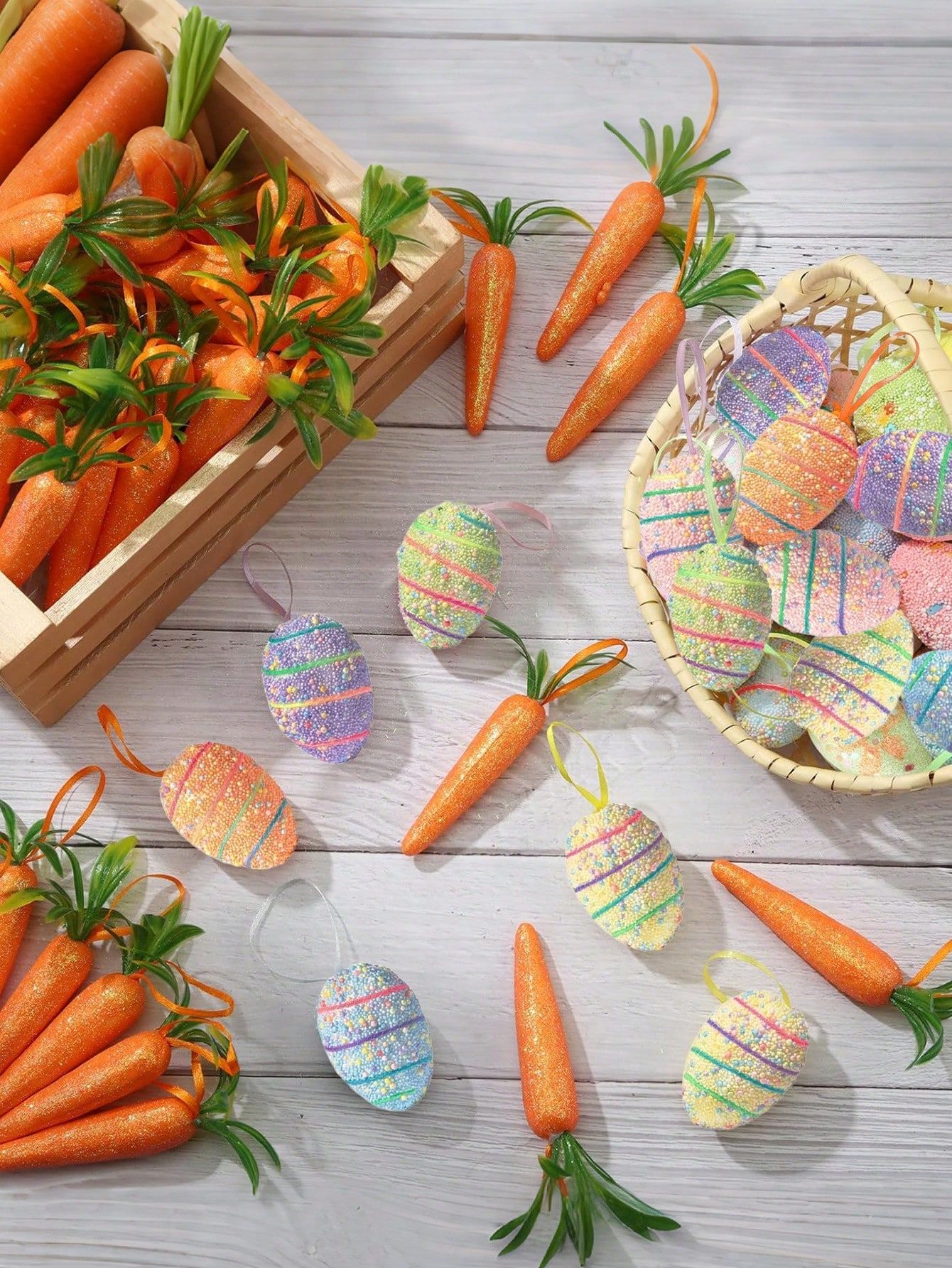 12Pcs Easter Egg+6Pcs Carrot Hanging Ornaments – Colorful Foam Glitter Eggs & Carrots, Easter Tree Decorations, DIY Crafts for Home Party, Spring Easter Decor — image 3