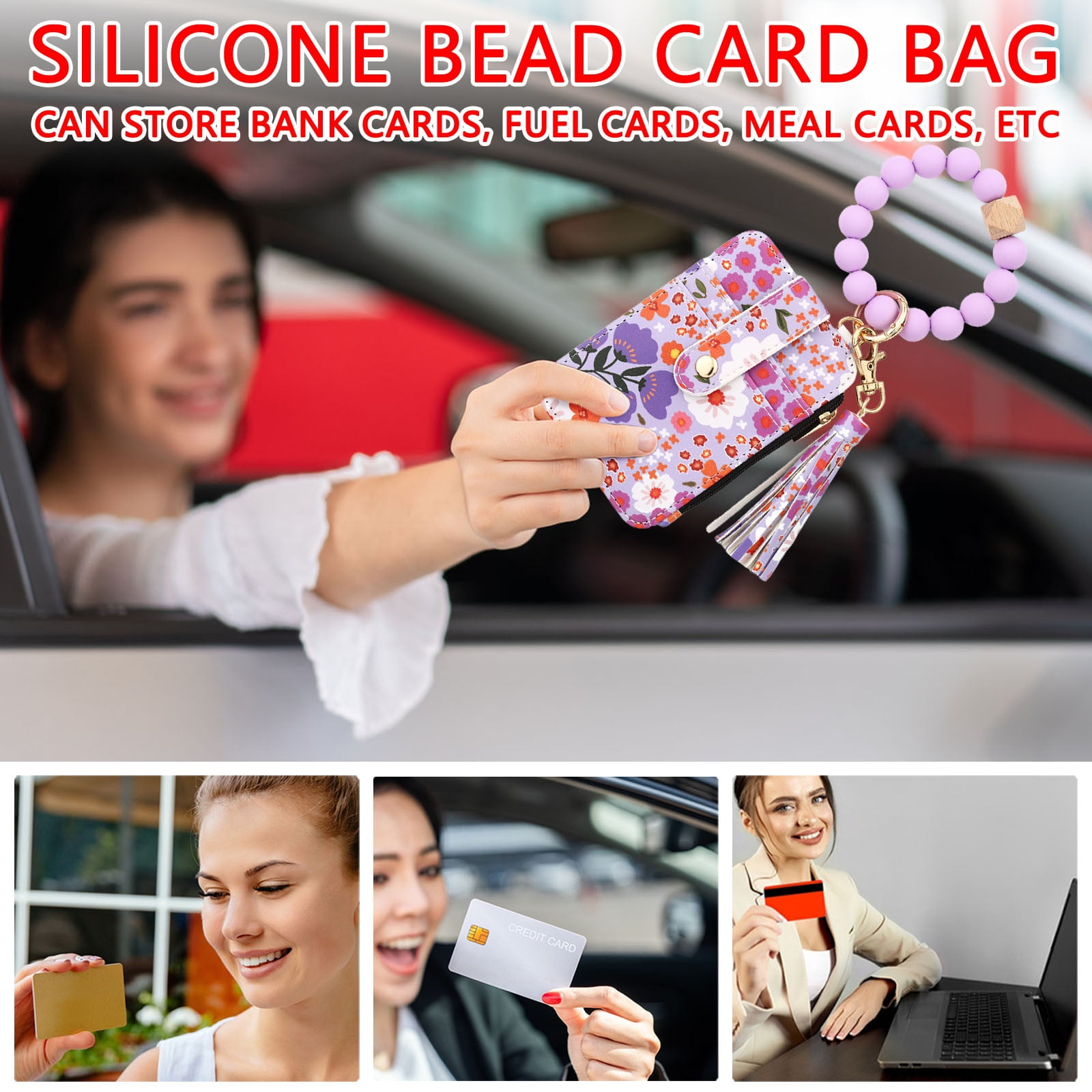 Wallet Women, Wallet Keychain Wristlet for Women, Slim Credit Card Holder Wallet, Fashion Tassel Keychain Bangle Key Ring Purse for Women ( 18 Kinds of Prints — image 6