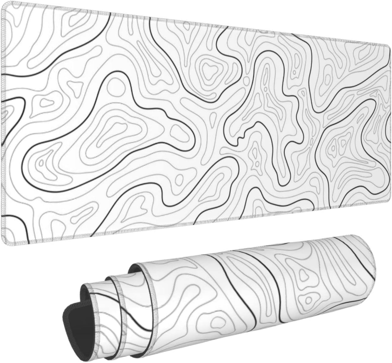 Abstract Topographic Map White Grey Black Gaming Mouse Pad Long Mouse Pad Large Desk Mat 31.5 X 11.8 Inch Mousepad with Non-Slip Base Stitched Edge Keyboard