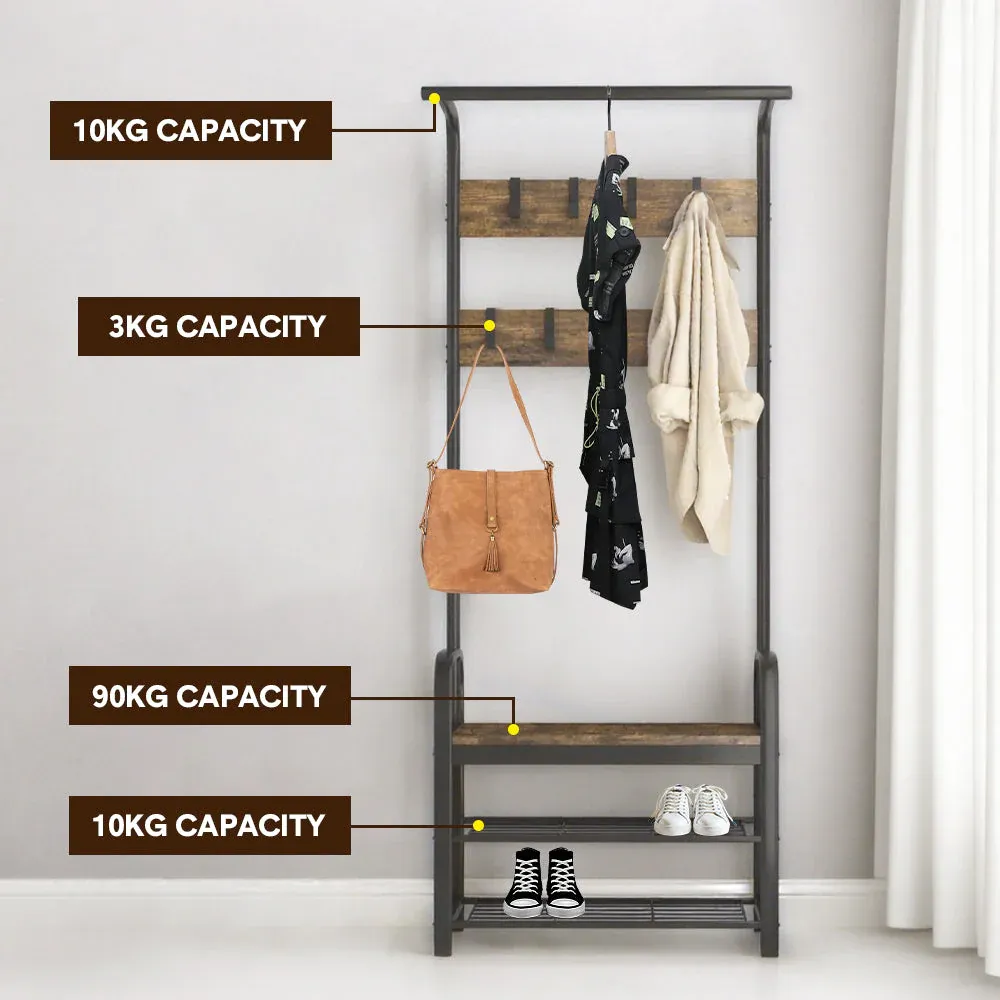 4-In-1 Coat Rack Large Capacity Freestanding Hall Tree 183 High Entryway Bench with 8 Detachable Hooks Hanging Rod and 2-Tier Shoe Storage Rustic Brown โ image 5
