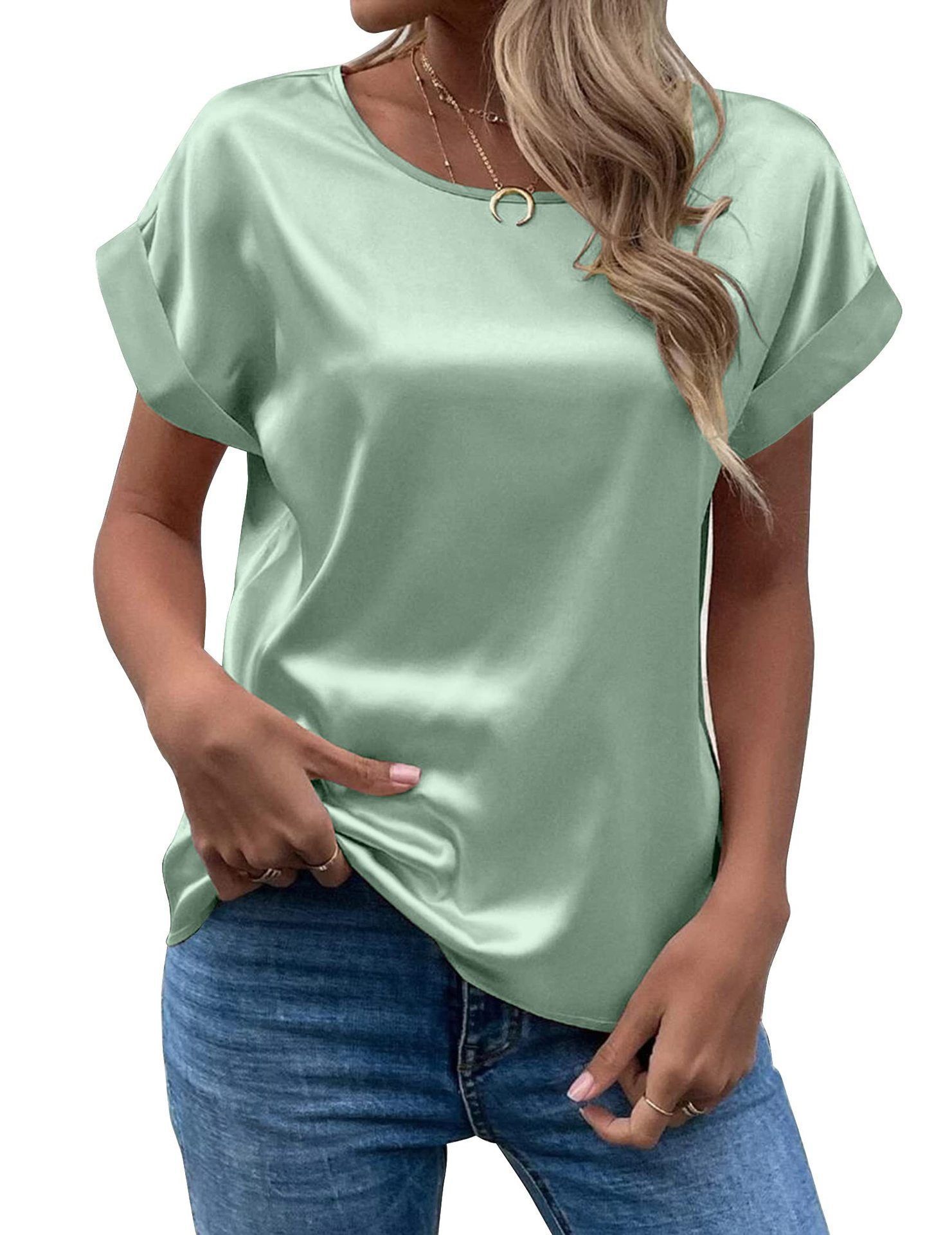 Mavis Women Satin T Shirt Short Sleeve Crewneck Burgundy โ image 6